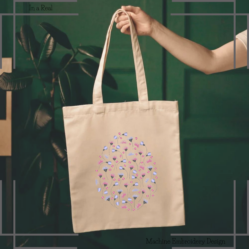 A colorful Easter egg adorned with intricate floral patterns displayed on a tote bag