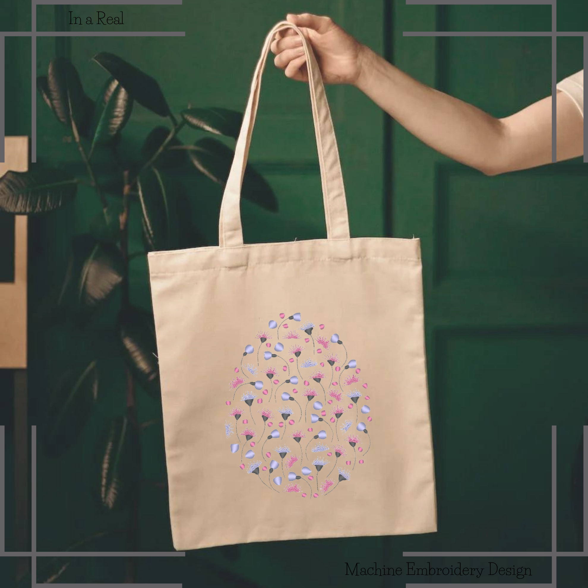 A colorful Easter egg adorned with intricate floral patterns displayed on a tote bag