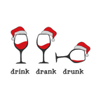 A machine embroidery design featuring three wine glasses wearing Santa's hats, with the words "Drink, Drank, Drunk" embroidered below them