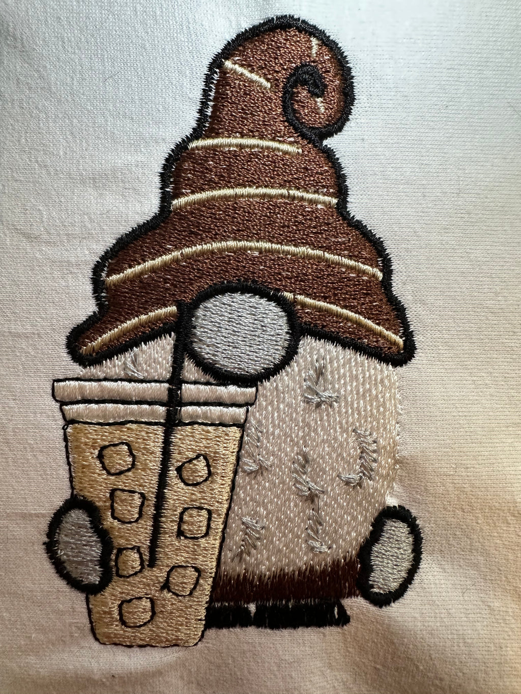 Machine embroidery design: Adorable gnome enjoying iced coffee