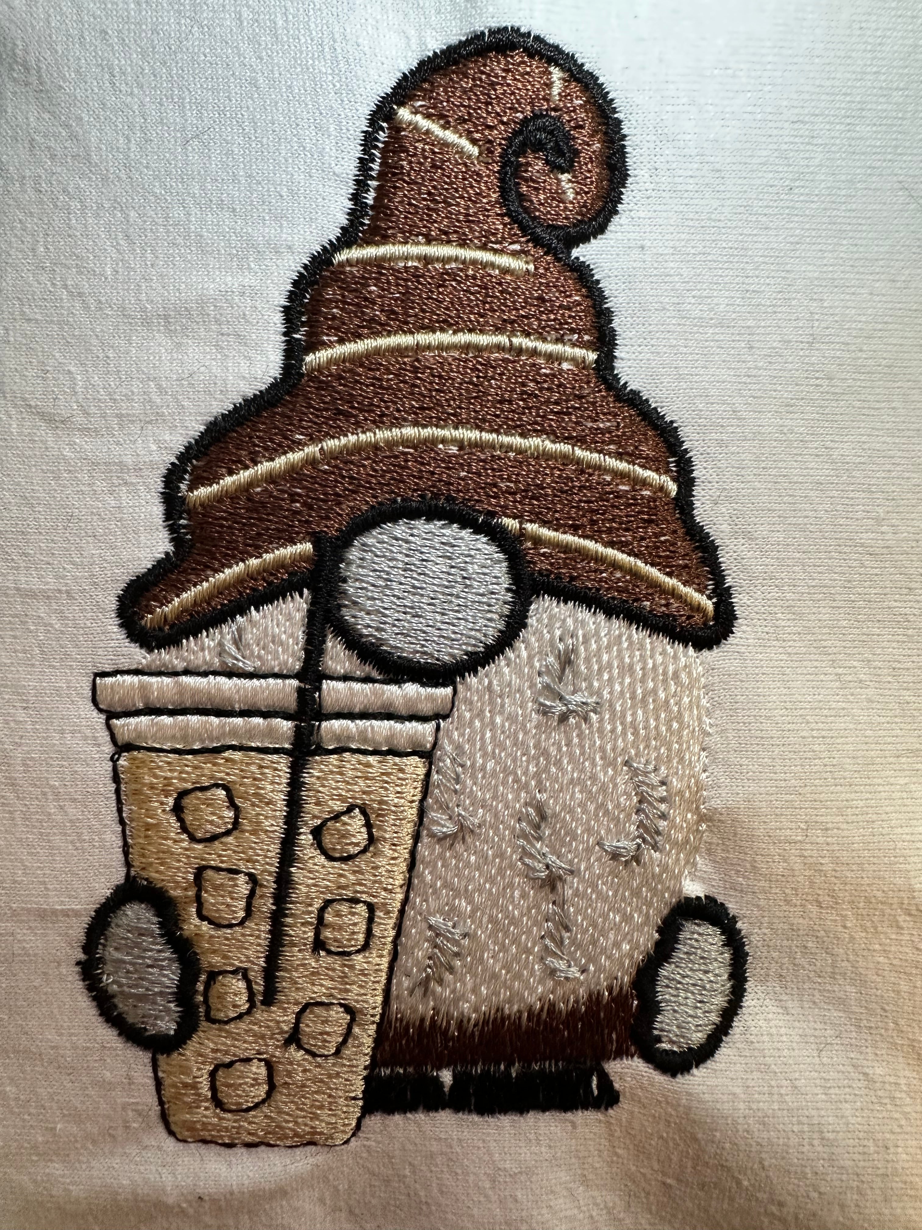 Machine embroidery design: Adorable gnome enjoying iced coffee