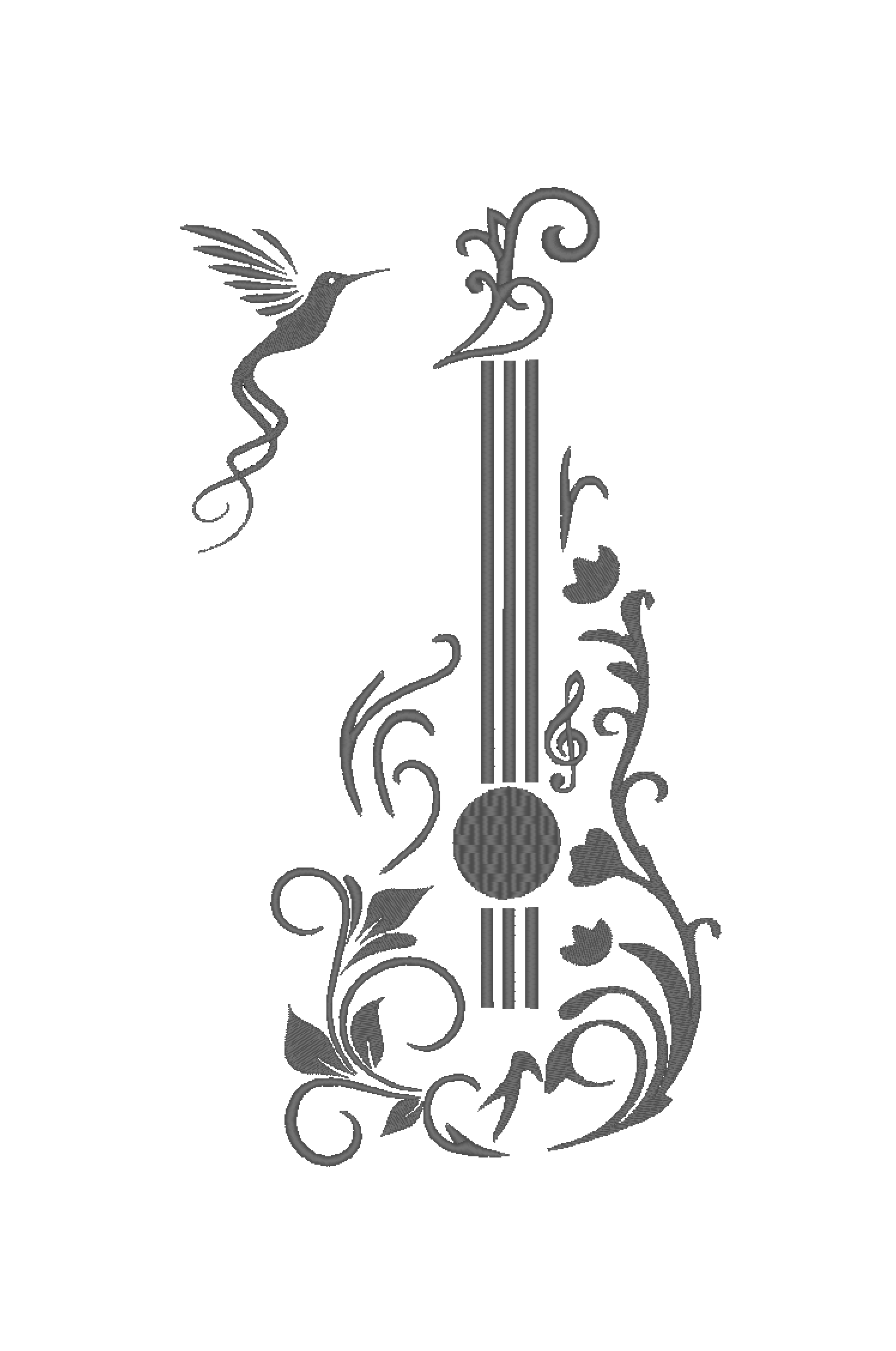 Embroidery design of a guitar with floral details, ideal for music-inspired and nature-themed projects