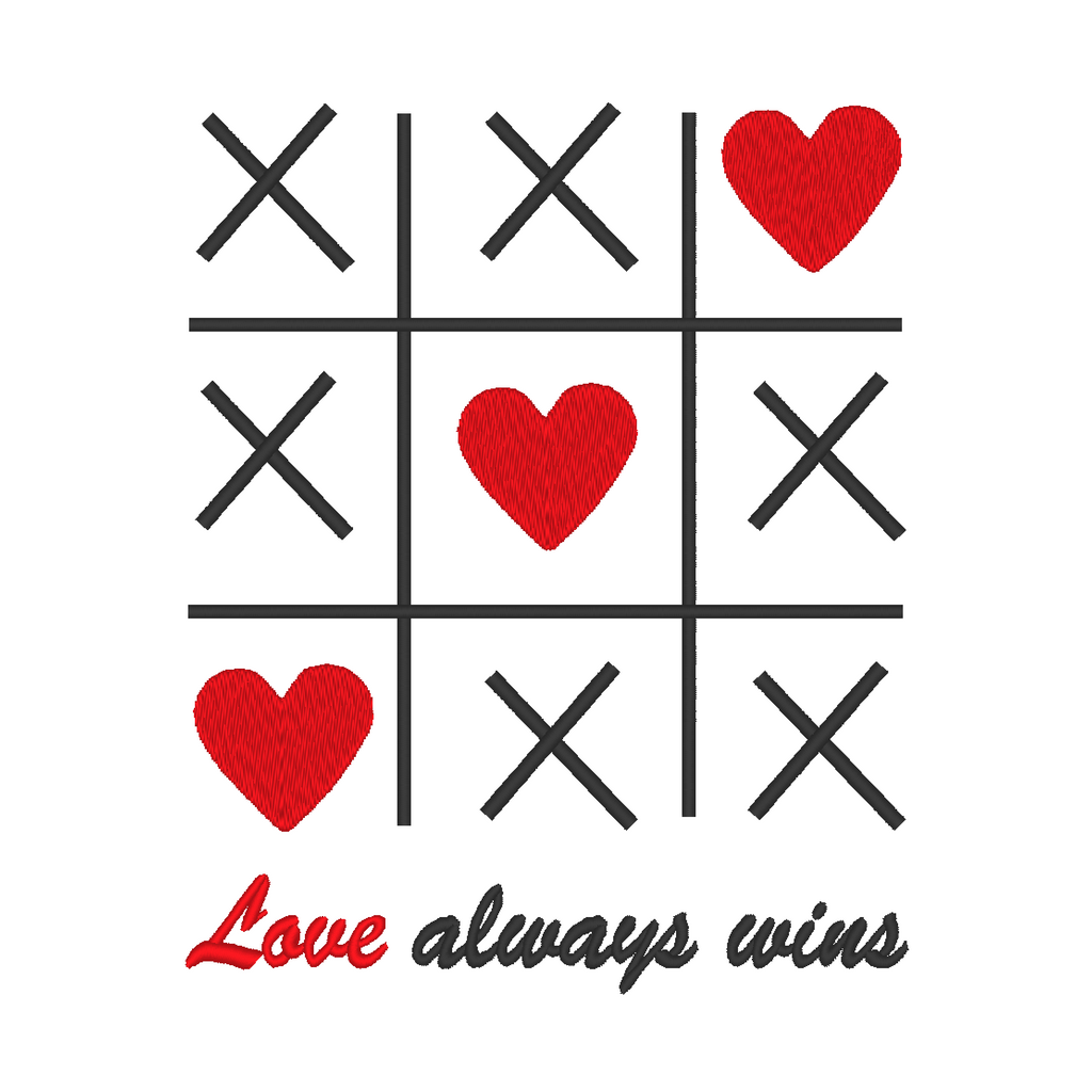 Valentine's Tic Tac Toe embroidery: 'Love Always Wins.' Hearts replace traditional Os on the classic grid. Elegant 'Love Always Wins' phrase below