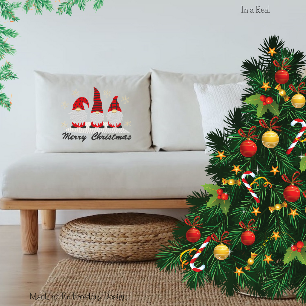Machine embroidery design of Christmas gnomes, 'Merry Christmas' lettering, and delicate snowflakes are displayed on a decorative pillow