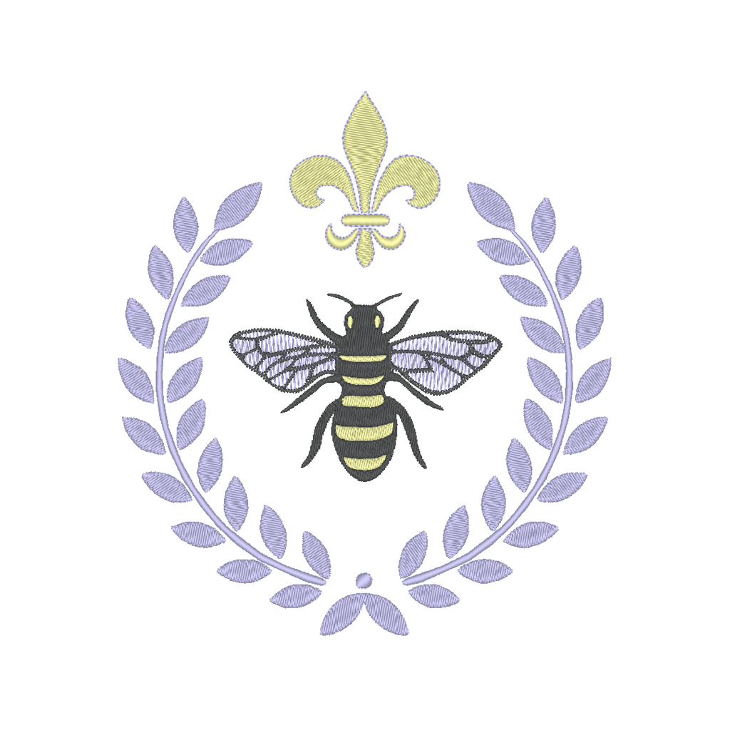 Intricate machine embroidery design featuring a regal bee surrounded by a laurel frame