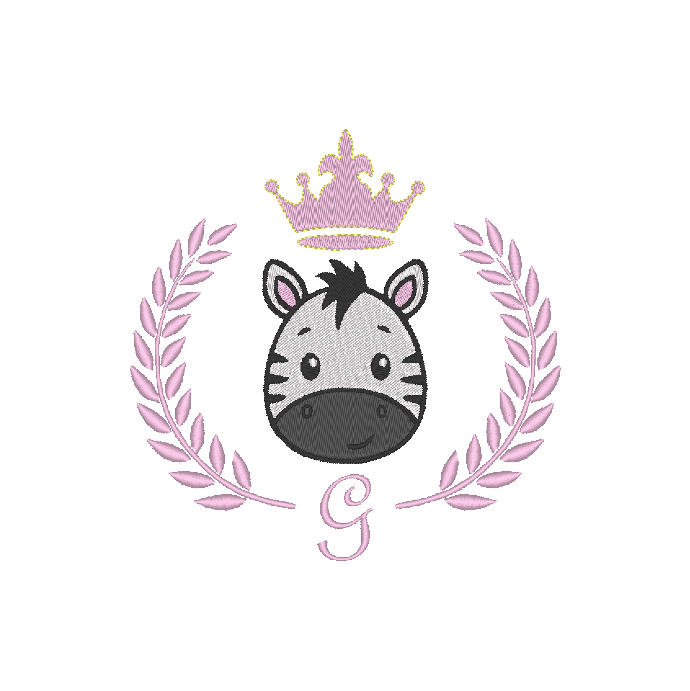 Zebra Face with a royal crown, framed by a laurel wreath and personilazed letter G machine embroidery design