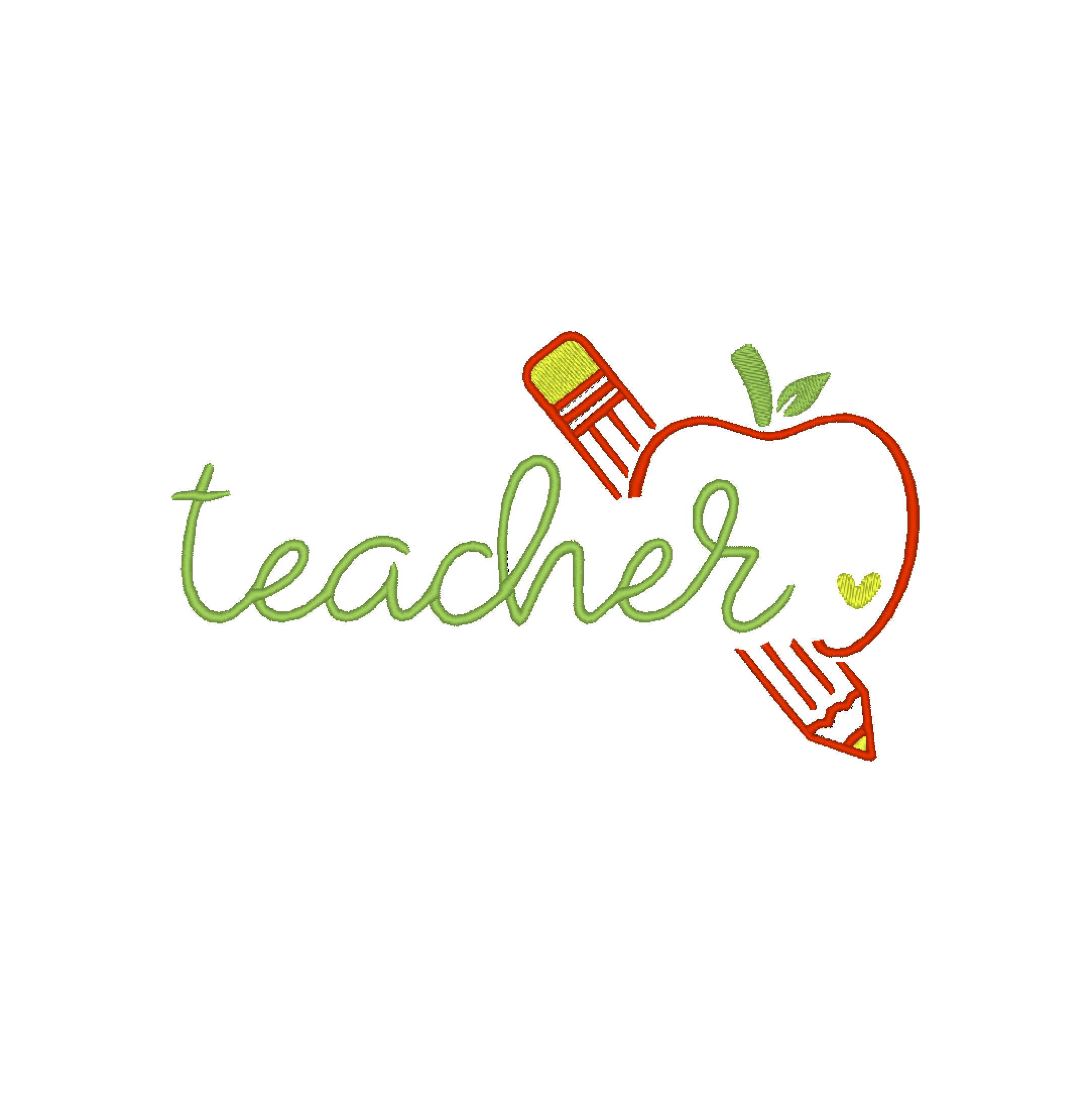 Machine embroidery design featuring a logo with the word 'Teacher' in stylish font, with an apple and pencil symbolizing knowledge and creativity