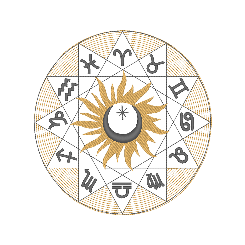 Zodiac Wheel Machine Embroidery Design, displaying mesmerizing circular arrangement of zodiac symbols
