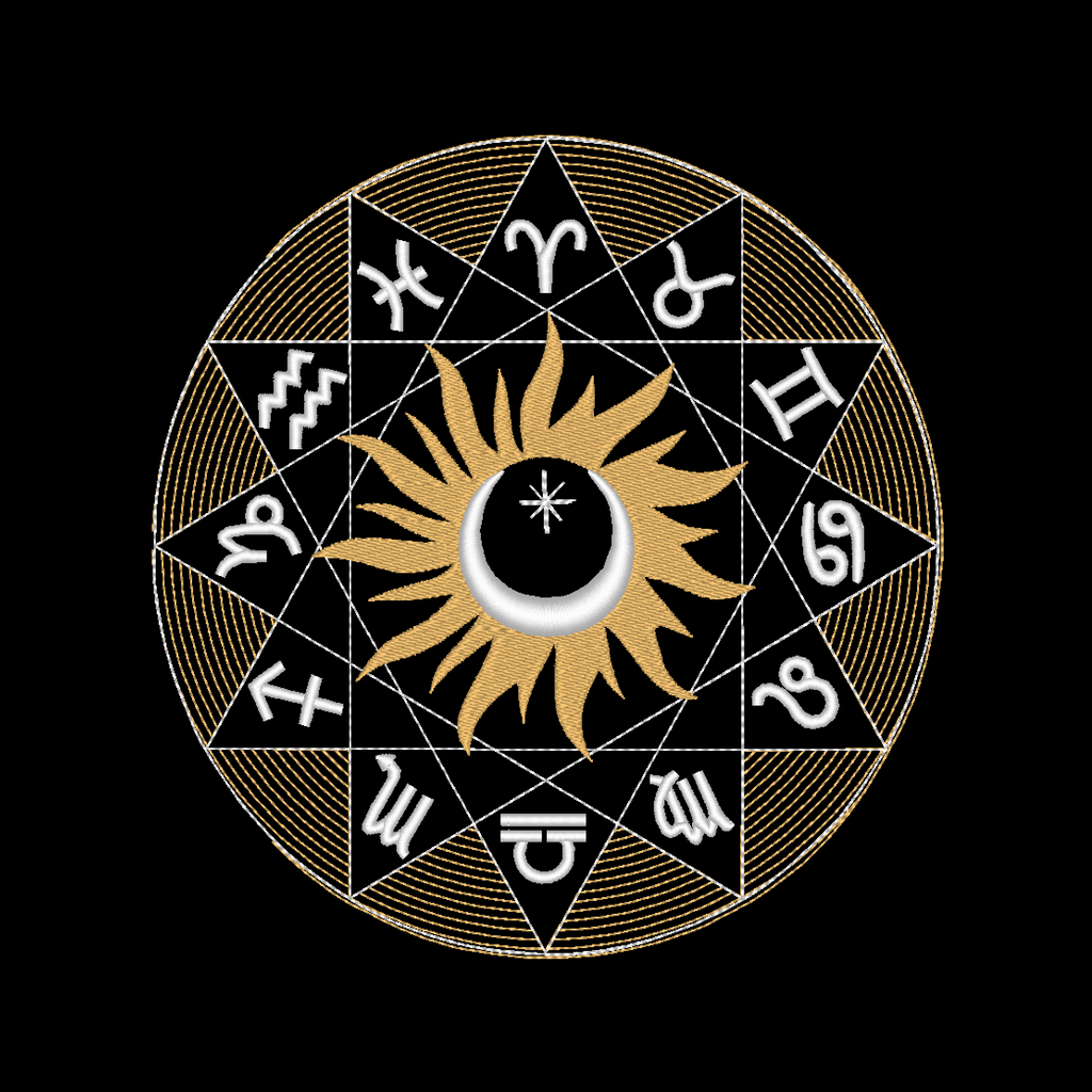 Zodiac Wheel Machine Embroidery Design, displaying mesmerizing circular arrangement of zodiac symbols