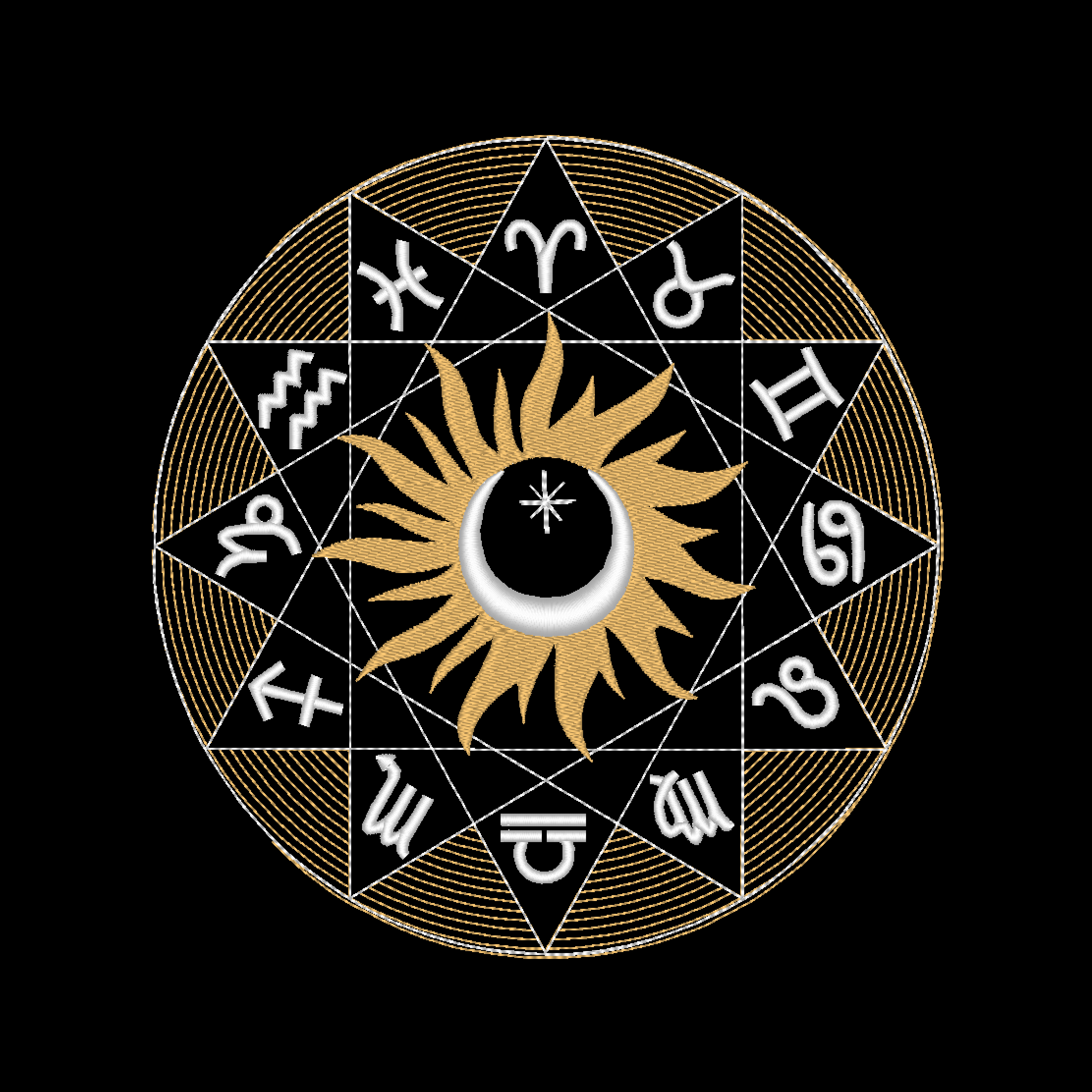 Zodiac Wheel Machine Embroidery Design, displaying mesmerizing circular arrangement of zodiac symbols